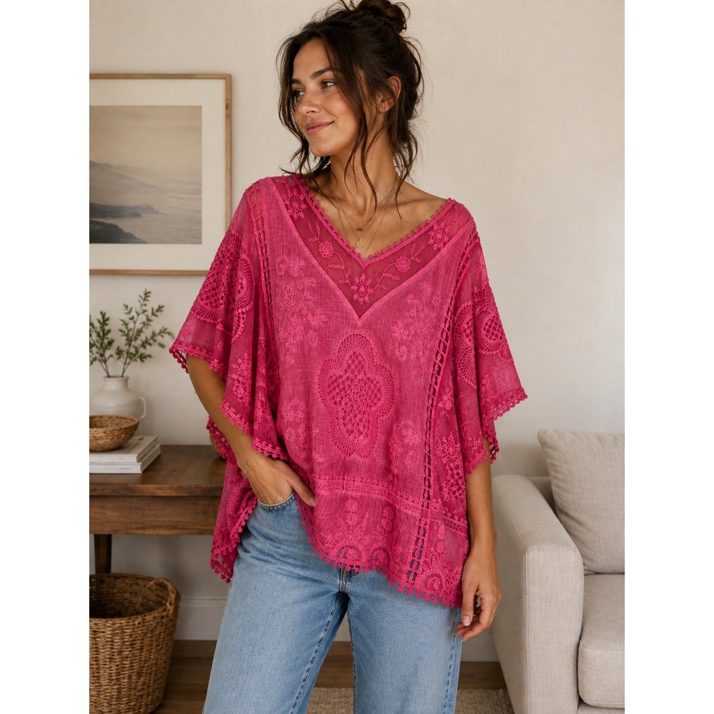 Anneliese Embroidered Crochet Blouse Women Medium Pink Sheer‎ Boho Festival